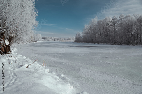 landscape snowy forest and river