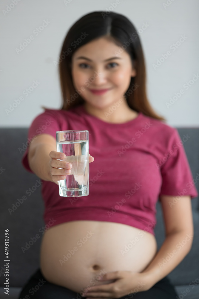 active confident young pregnant woman dressed casually smiling and sitting on a gray couch holding a glass of clean water for drinking. Healthy drinks for mother and baby active confident young pregnant woman dressed casually smiling and sitting on a gray couch holding a glass of clean water for drinking. Healthy drinks for mother and baby