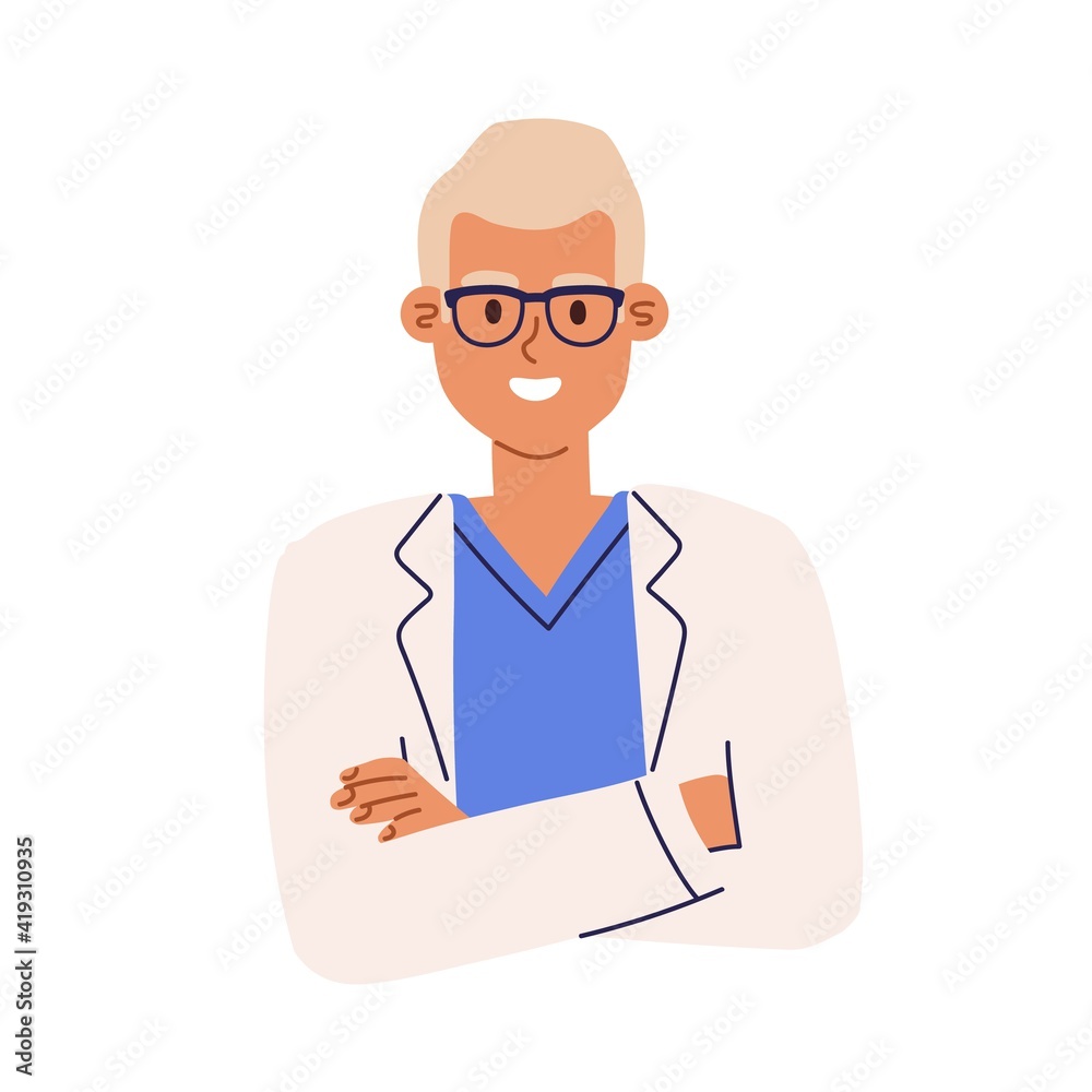 Portrait of pharmacist in eyewear and medical coat. Avatar of smiling health worker in uniform. Colored flat cartoon vector illustration of young medic specialist isolated on white background Portrait of pharmacist in eyewear and medical coat. Avatar of smiling health worker in uniform. Colored flat cartoon vector illustration of young medic specialist isolated on white background