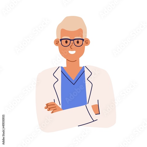 Portrait of pharmacist in eyewear and medical coat. Avatar of smiling health worker in uniform. Colored flat cartoon vector illustration of young medic specialist isolated on white background