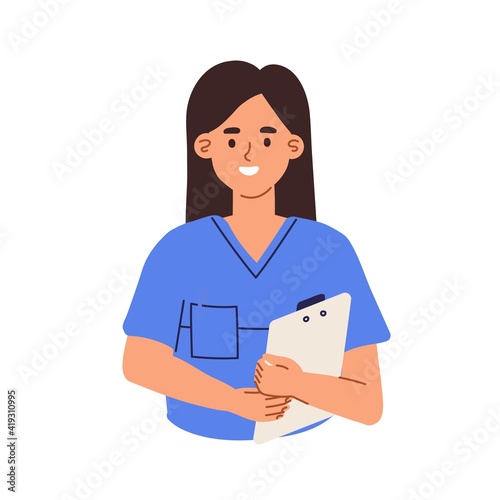 Avatar of smiling doctor or health worker in medical scrubs. Portrait of young nurse with clipboard in hands. Colored flat vector illustration of medic specialist isolated on white background