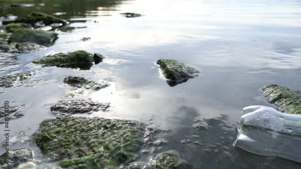 Plastic Bottle and Package floating near the shore of the Lake. Concept: Pollution of the Planet Plastic Bottle and Package floating near the shore of the Lake. Concept: Pollution of the Planet