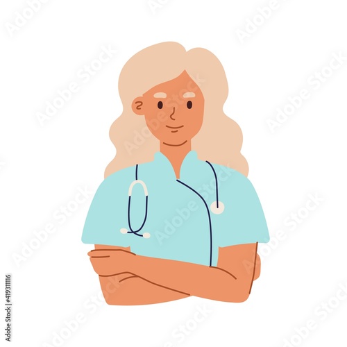 Portrait of smiling doctor or health worker in medical uniform with stethoscope. Avatar of young physician in coat. Colored flat cartoon vector illustration of medic specialist isolated on white