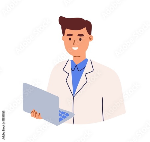 Professional health worker or medical student using laptop. Happy smiling doctor in coat. Colored flat cartoon vector illustration of young friendly specialist in uniform isolated on white background