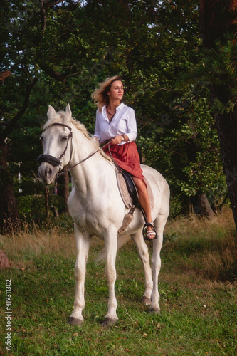 Cute happy young woman horseback in summer parkland. Rider female drives her horse in park on nature on evening sunset light background. Concept of outdoor riding, sports and recreation. Copy space © Alex Vog
