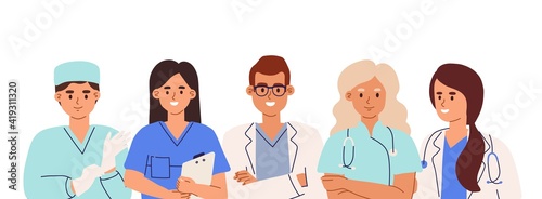 Group of doctors, nurses, surgeon, pharmacist and therapist with gloves and stethoscopes. Team of smiling medic workers. Colored flat cartoon vector illustration isolated on white background