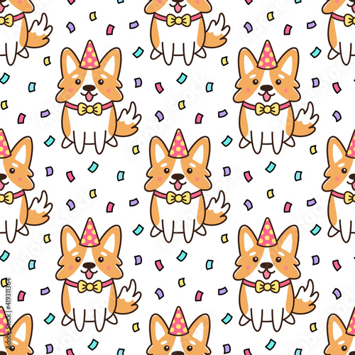 Seamless pattern with Birthday dog of breed Welsh Corgy in hat and confetti. It can be used for packaging, wrapping paper, decor etc. Cartoon vector illustration.