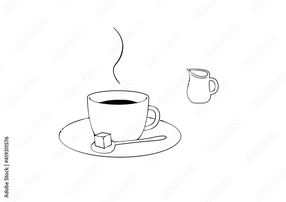 コーヒーカップに入ったコーヒーとミルクピッチャー 万年筆で描いたようなイラスト コーヒーカップに入ったコーヒーとミルクピッチャー 万年筆で描いたようなイラスト