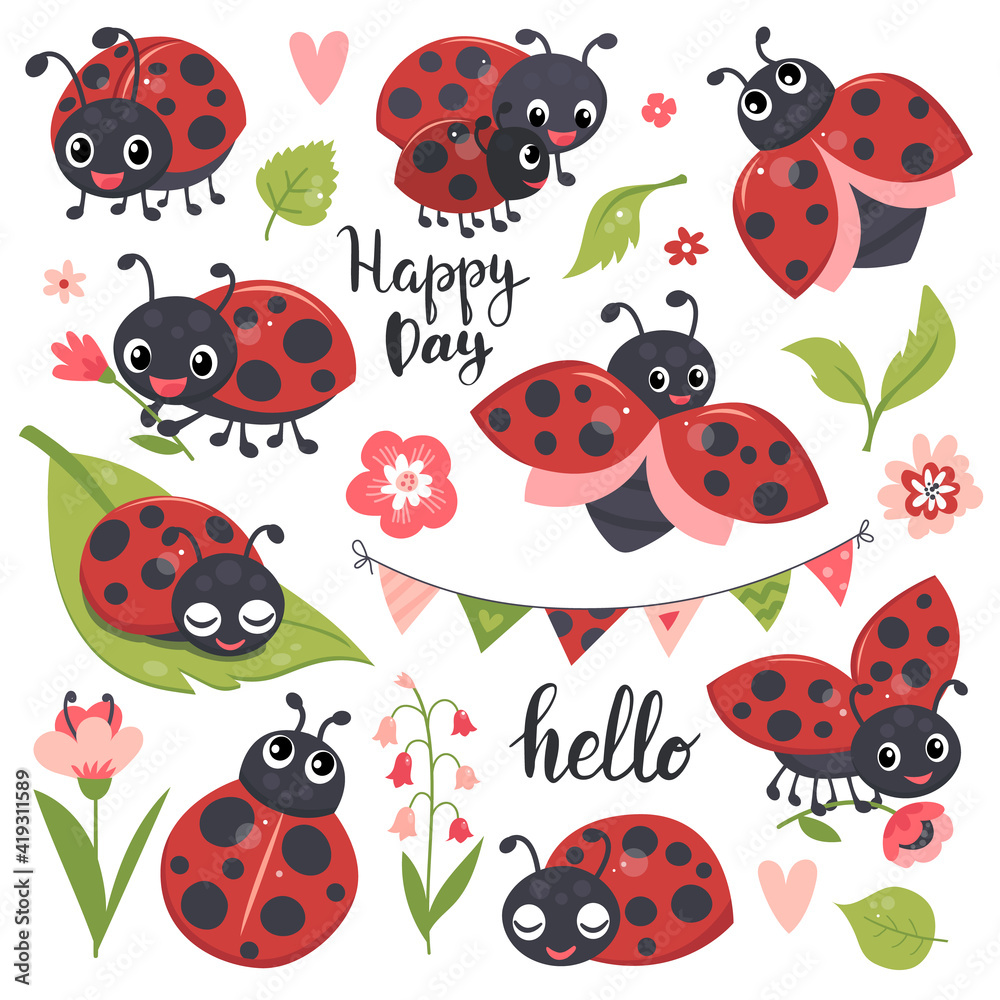 Cute ladybird set, funny little insect collection. Hand drawn vector illustration