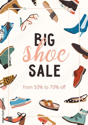 Modern design of flyer with stylish spring, autumn and summer shoe sale announcement. Vertical banner with frame of women trendy fashion footwear. Flat vector illustration of flier template