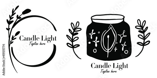 Line Art Candle Light vintage Flame Logo Design Illustration.  Candle in a decorated Cup, isolated on a white background, black and white outline illustration, clipart, design, decoration, icon, Sign,