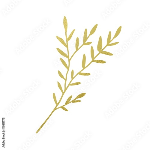 Beautiful branch with green leaves isolated on white background. Textured foliage plant. Botanical element. Hand-drawn colored flat vector illustration of greenery