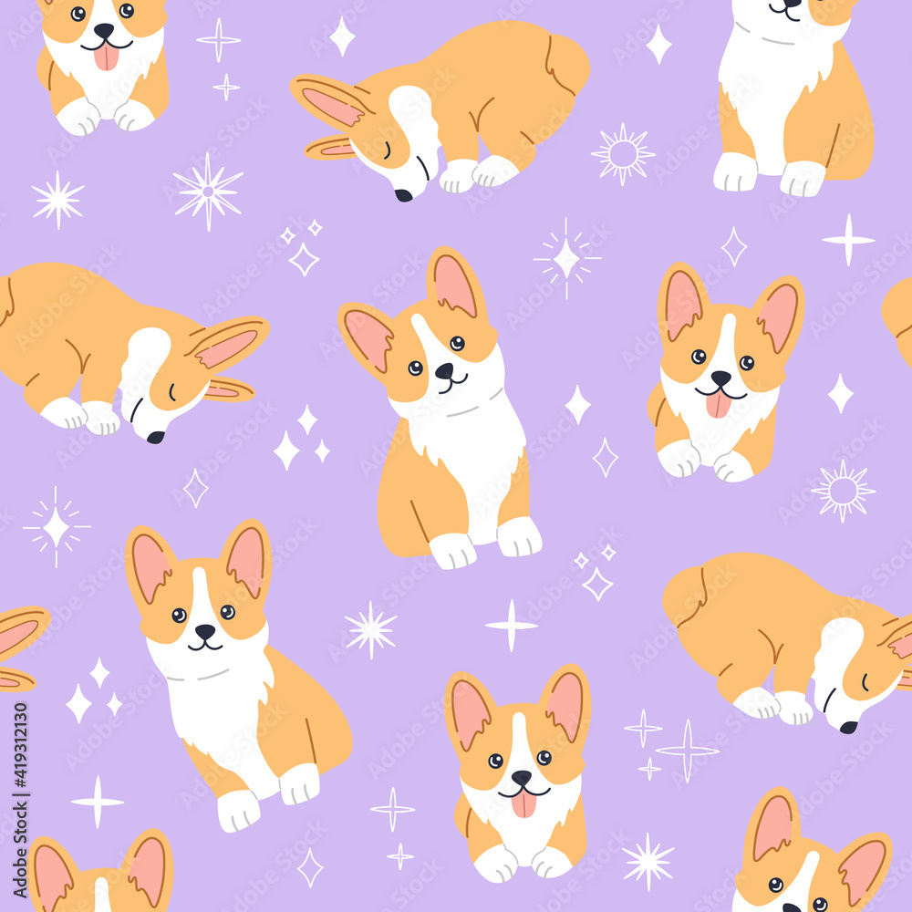 Kawaii corgi, little cute pet dog with smiling cute face sleeping, lying and sitting. Seamless pattern on purple background with magic star. Hand drawn trendy modern illustration in flat cartoon style