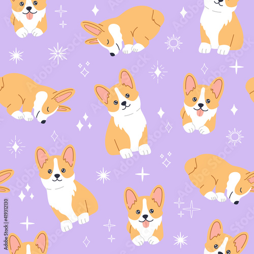 Kawaii corgi, little cute pet dog with smiling cute face sleeping, lying and sitting. Seamless pattern on purple background with magic star. Hand drawn trendy modern illustration in flat cartoon style
