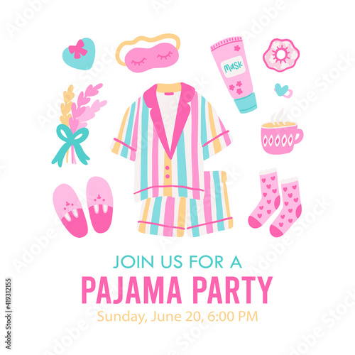 Pajama party invitation template. Card for birthday party with sample text. Editable vector illustration.