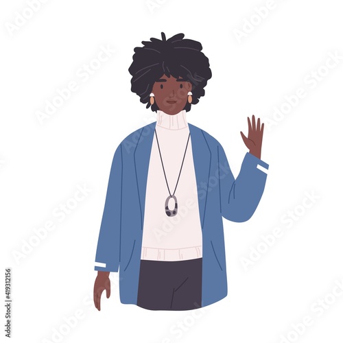 Young African-American woman waving with hand and saying hello. Smiling female character gesturing hi, greeting and welcoming smb. Colored flat vector illustration isolated on white background