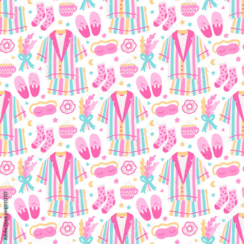 Cute seamless pattern with pajama, sleep mask, slippers, lavender bouquet, scrunchy, socks, mug, heart, star and moon. Beautiful print design for home decor, textile, packaging, wrapping paper etc.