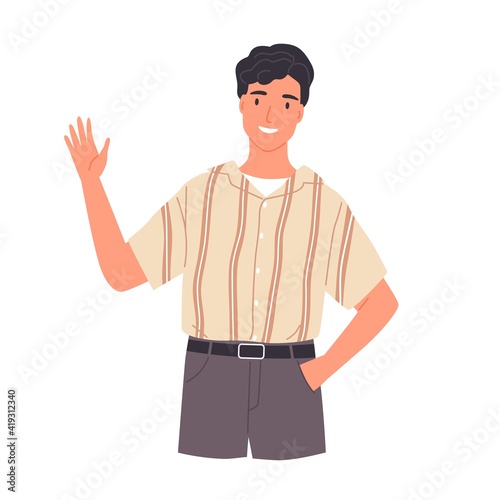 Portrait of smiling young man saying hello and waving with hand. Hi or bye gesture. Happy guy greeting and welcoming smb. Colored flat vector illustration isolated on white background photo