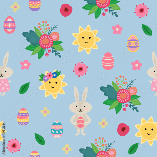 Easter. Seamless pattern with rabbits  flowers  suns  eggs. Hand-drawn style. Vector illustration.