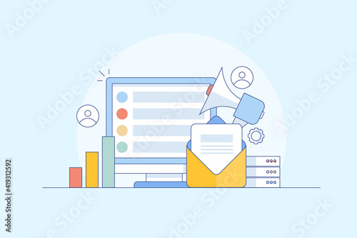 Email marketing. Sending and receiving email message. Email marketing software and analytics application, digital marketing, business technology and communication line vector illustration concept.