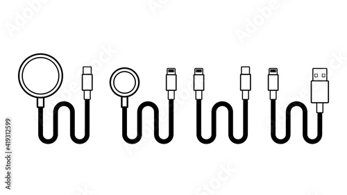 Outline line drawing modern Wireless Charger, Cable Charge, USB Cable Smart Device icon Isolate on White Background.