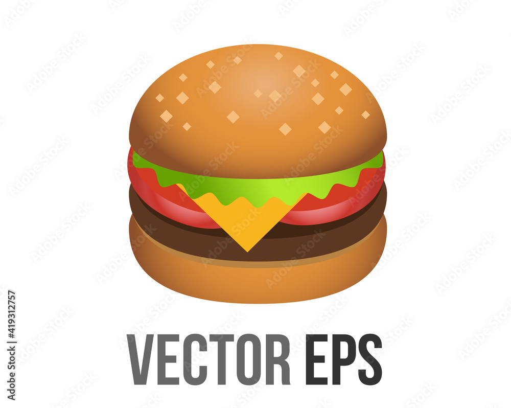 vector cheeseburger icon with burger beef patty, sesame bun, cheese, lettuce, tomato