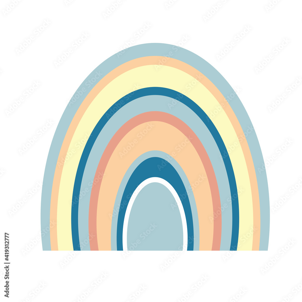Abstract boho Hand drawn rainbow in modern minimalist Scandinavian style. Arch, arc with blue, light yellow and dusty pink stripes isolated on white background. Raster children's illustration. Abstract boho Hand drawn rainbow in modern minimalist Scandinavian style. Arch, arc with blue, light yellow and dusty pink stripes isolated on white background. Raster children's illustration.