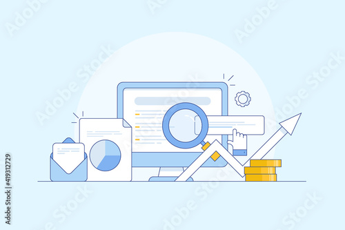 Seo optimization, digital media planning, marketing data analysis, business report, seo audit, internet advertising and growth marketing concept. Line vector illustration.