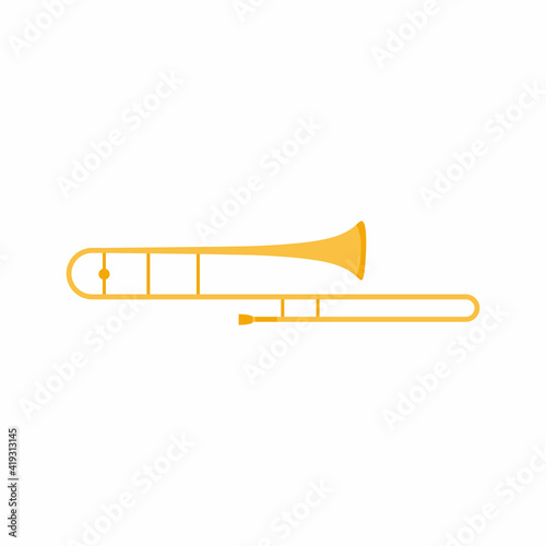 Trombone flat icon. Brass band, symphony orchestra, concert. Musical instruments concept cartoon style on white background. Vector illustration can be used for topics like music website or others