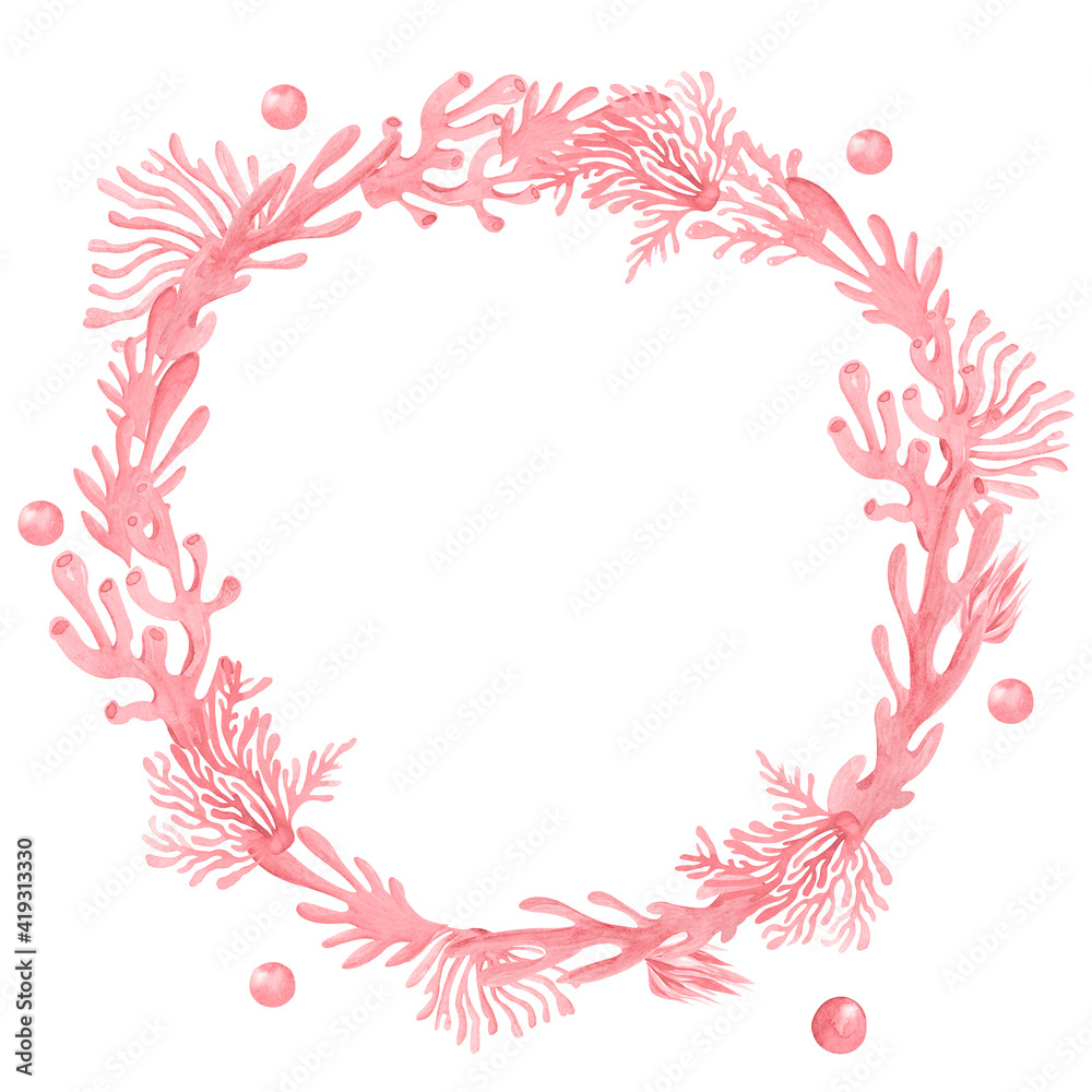 Red coral clip art frame Underwater reef round wreath Template for invitations, postcards, cards