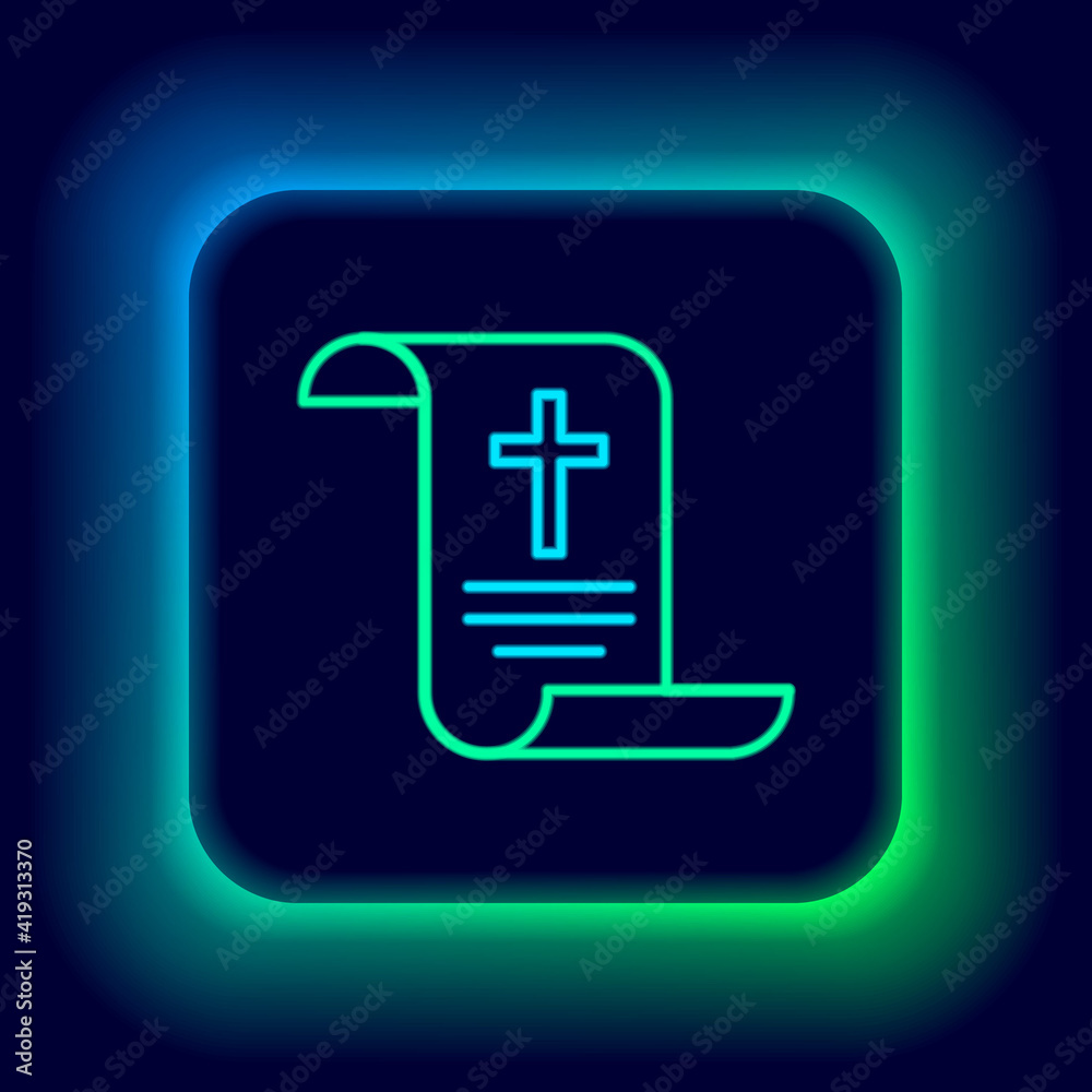 Glowing neon line Decree, paper, parchment, scroll icon icon isolated on black background. Chinese scroll. Colorful outline concept. Vector. Glowing neon line Decree, paper, parchment, scroll icon icon isolated on black background. Chinese scroll. Colorful outline concept. Vector.