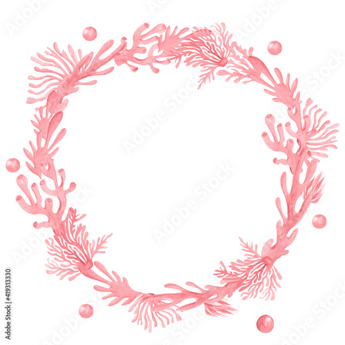 Red coral clip art frame Underwater reef round wreath Template for invitations, postcards, cards