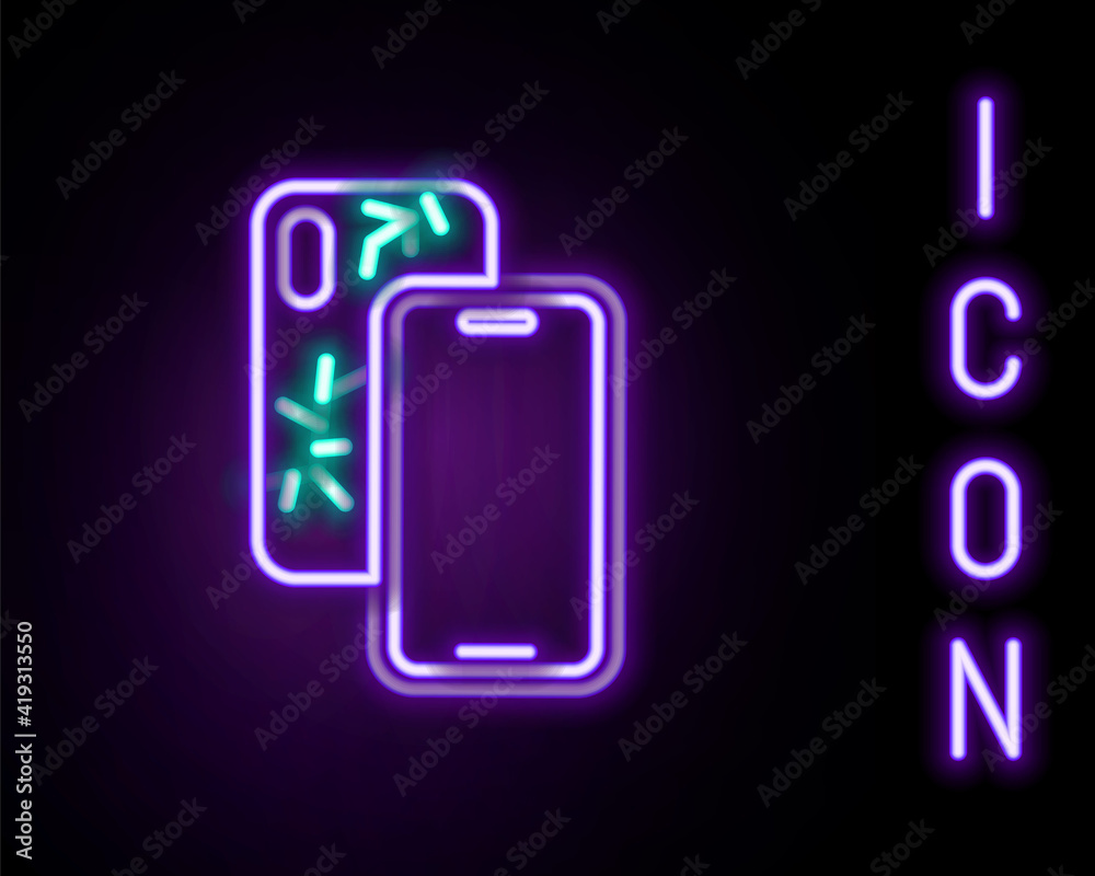 Glowing neon line Smartphone with broken screen icon isolated on black background. Shattered phone screen icon. Colorful outline concept. Vector. Glowing neon line Smartphone with broken screen icon isolated on black background. Shattered phone screen icon. Colorful outline concept. Vector.