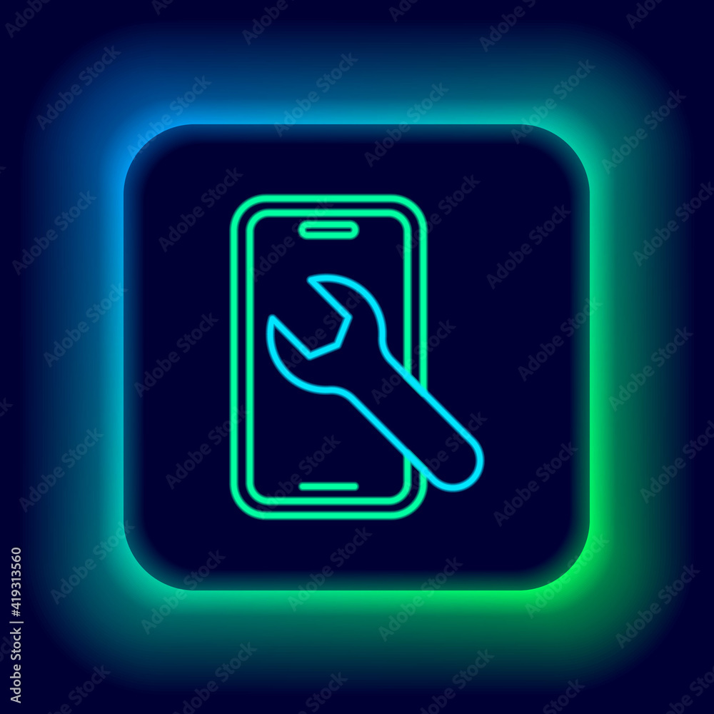 Glowing neon line Mobile phone with wrench icon isolated on black background. Adjusting, service, setting, maintenance, repair. Colorful outline concept. Vector. Glowing neon line Mobile phone with wrench icon isolated on black background. Adjusting, service, setting, maintenance, repair. Colorful outline concept. Vector.