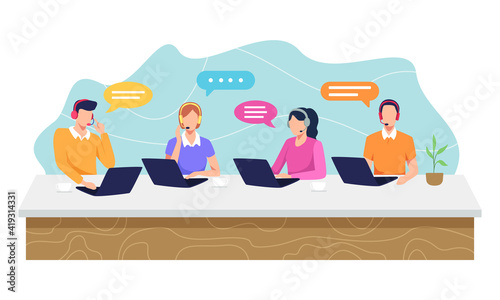 Call center concept illustration. Hotline operator with headsets, Customer support department staff. Telemarketing agents, Customer service agent with headset working in call center. Vector flat style