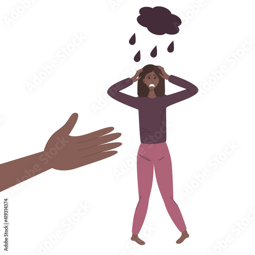 The concept of anxiety disorders. A depressed African woman in depression. The hand offers help in solving psychological problems. Vector illustration in a flat linear style.