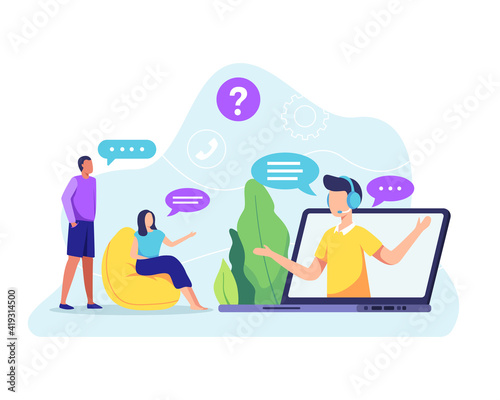 Customer service illustration concept. Young friendly operator agent with headset answer client. Male customer service agent talking with client. Online customer support, Helpdesk. Vector flat style