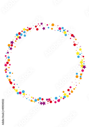 Pink Sparkle Circle Decoration. Design Confetti Illustration. Yellow Star Shape Background. Cartoon Dot Illustration.
