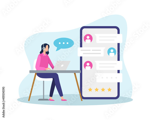 Online customer support illustration. Female hotline operator answer customer with live chat, Chatting communication, Call center answer. Online global technical support. Vector in a flat style