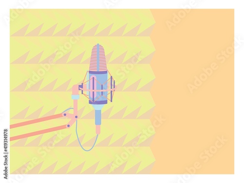 Studio desktop microphone with broadcast text over the air for podcasts, online communication and web conferencing. Vector illustration in a flat style.