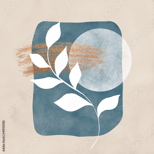 Abstract shapes, contemporary modern art. Boho illustration with branch