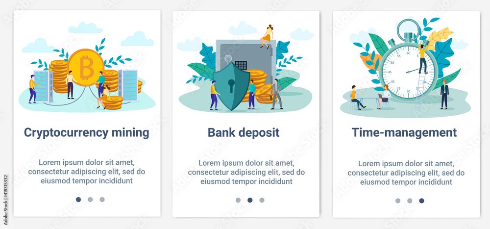 Modern flat illustrations in the form of a slider for web design. A set of UI and UX interfaces for the user interface.The topic is Cryptocurrency, bank deposit and time management.