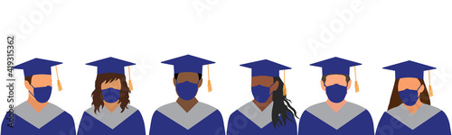 Graduates of different ethnicity in dark blue mantle and academic square cap, and in medical mask. Graduation Ceremony in Disease Pandemic (Covid-2019). Protection from diseases. Vector illustration
