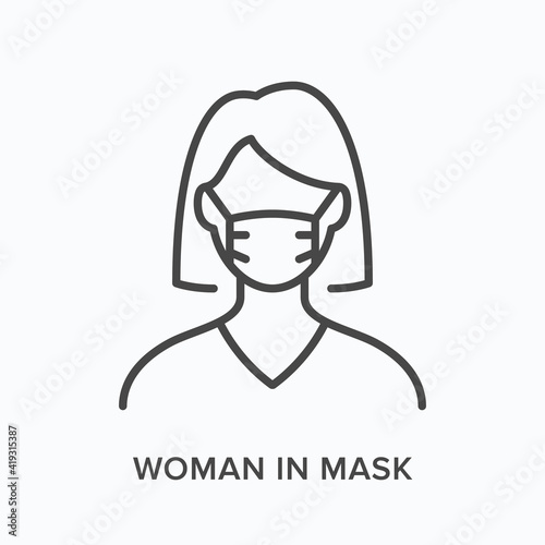 Woman in mask flat line icon. Vector outline illustration of female. Black thin linear pictogram young person