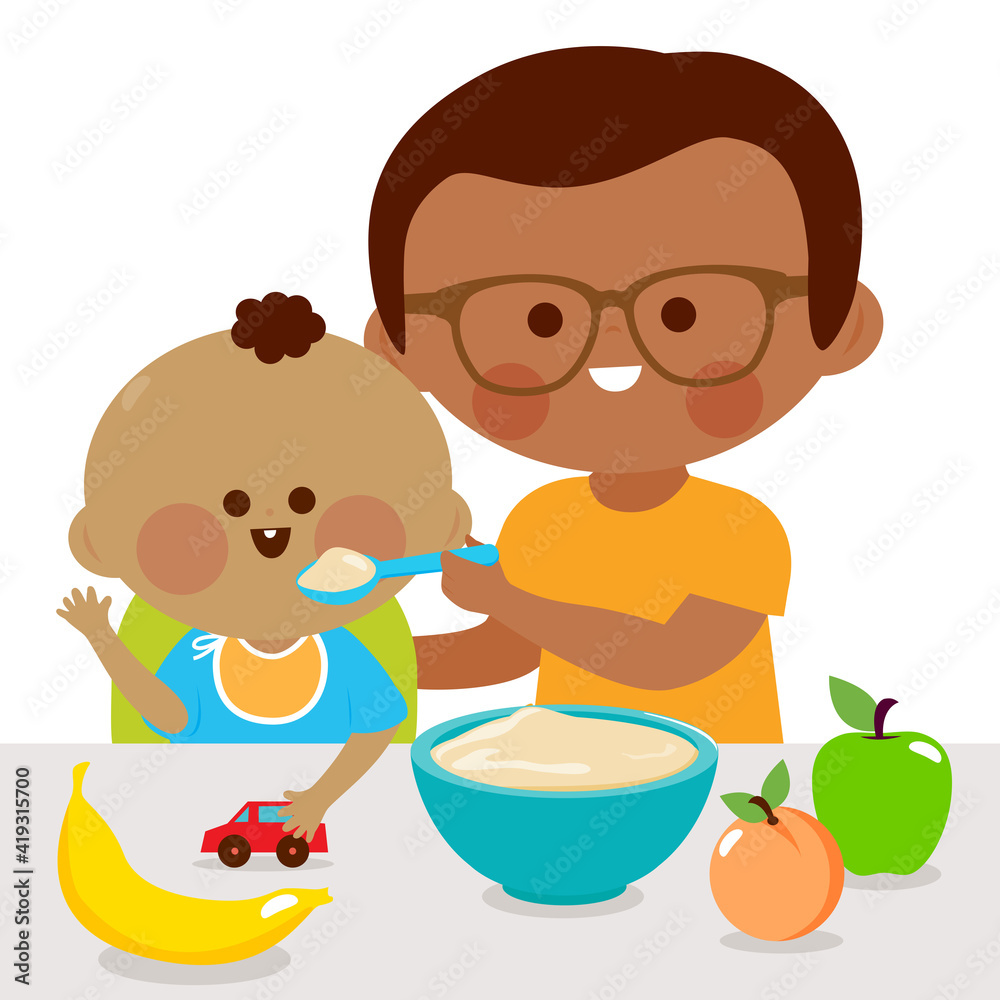 Father feeding his baby a bowl of cereal and fruit. Vector illustration