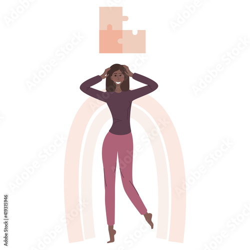Mental health. A black woman with no psychological problems is happy and smiling. The puzzle is folded correctly. Vector illustration in a flat linear style.