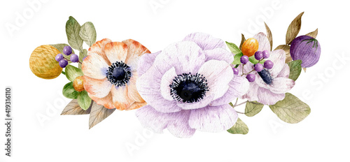 Watercolor flower composition  border  anemones  lilies and eucalyptus leaves  hand-drawn  isolated on white background