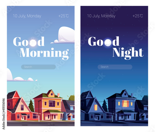 City street with houses at night and morning. Vector template for mobile phone screensaver with time and weather. Smartphone background theme with cartoon cityscape