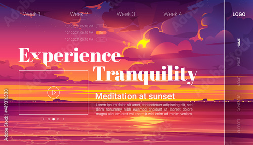 Meditation at sunset cartoon landing page, invitation to yoga experience on evening ocean beach. Purple clouds in sky above sea surface, nature landscape , dusk view. vector illustration, web banner