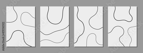 Set of minimalist flowing lines black and white artistic design for cover and poster or wall decoration, vector. Abstract interior design.